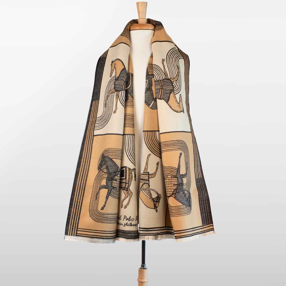 Cavallo - Caramel Equestrian Motif and Wool Blend Luxe Shawl - Urban - Equestrian