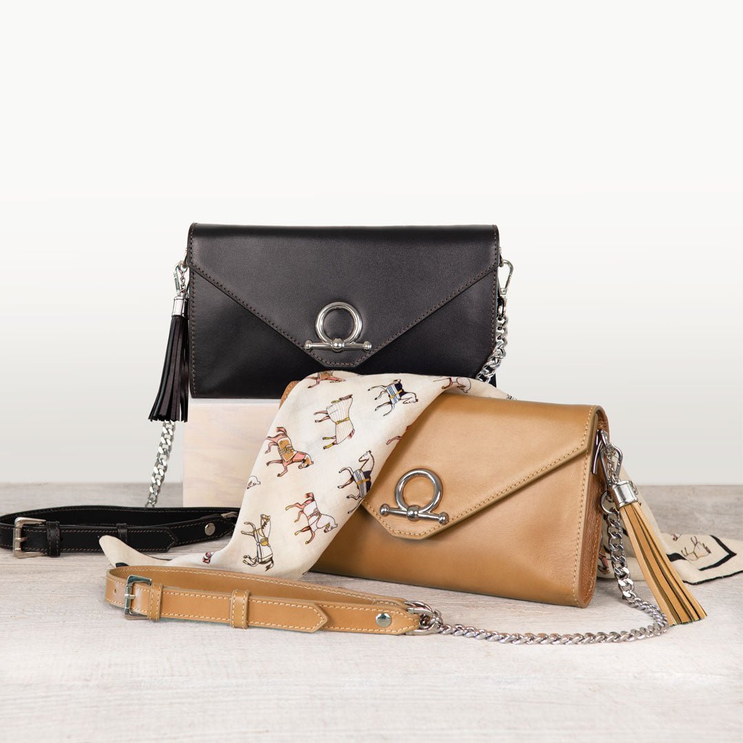 Del Mar Horse Bit Crossbody Bag in Caramel Italian Leather with Nickel Hardware Featuring Custom Horse Bit Lock