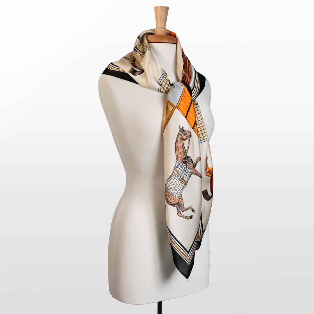 Signature - Oversize Stylized Equestrian Pattern in Black Silk Scarf - Urban - Equestrian