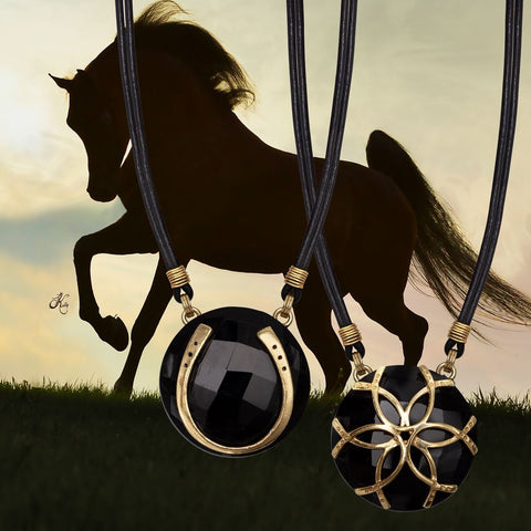 Black Onyx & Leather Medallion Horseshoe Necklace - 14K Gold Vermeil - www.urban-equestrian.com