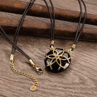 Black Onyx & Leather Medallion Horseshoe Necklace - 14K Gold Vermeil - www.urban-equestrian.com