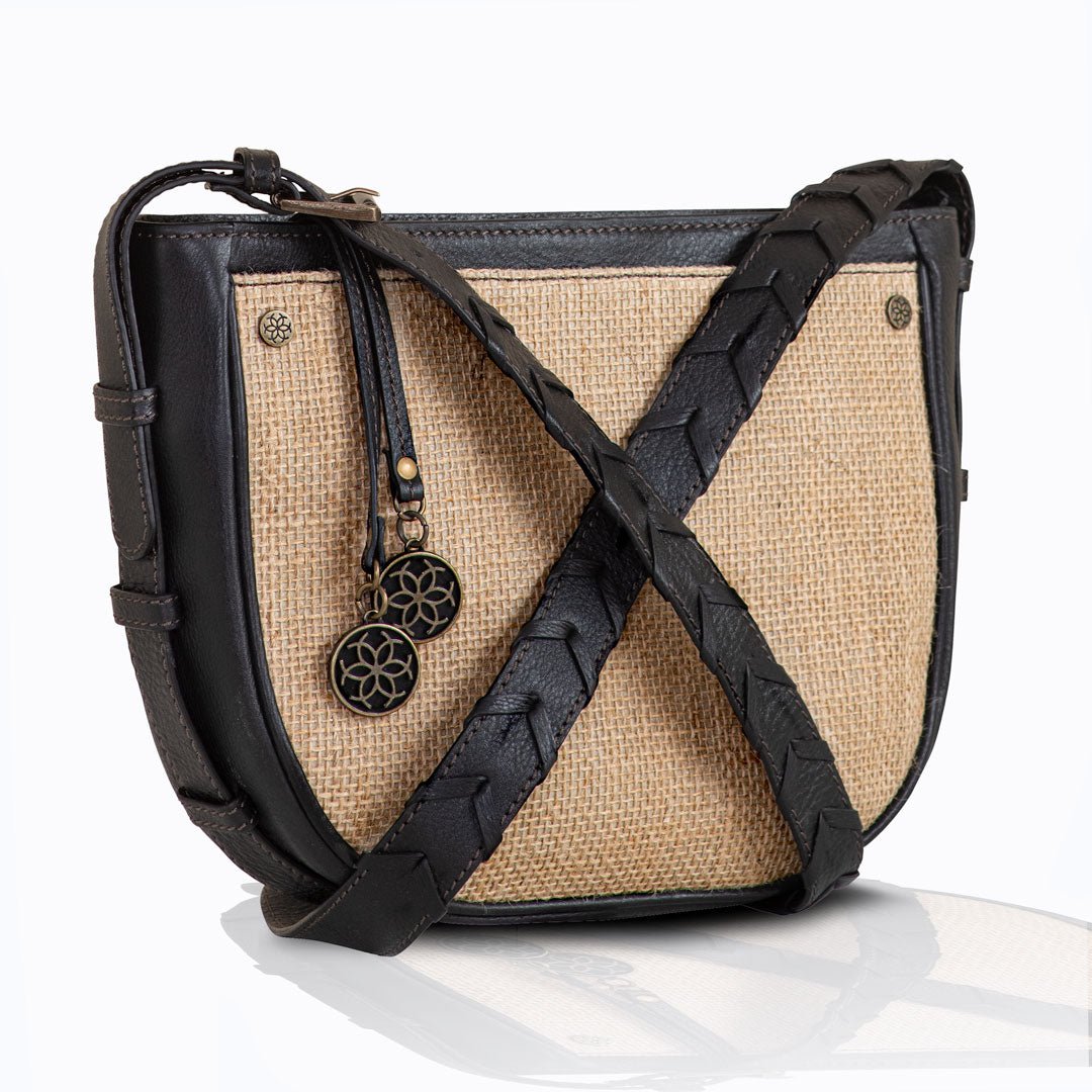 Carly Natural Jute Fiber and Black Leather Trim with Horseshoe Medallion Pulls Crossbody Bag