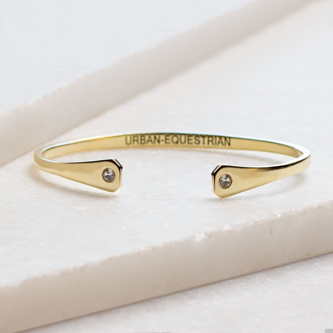 Charmed Stylized Horseshoe Nail and Moissanite Stone 14K Gold On Brass Cuff Bracelet