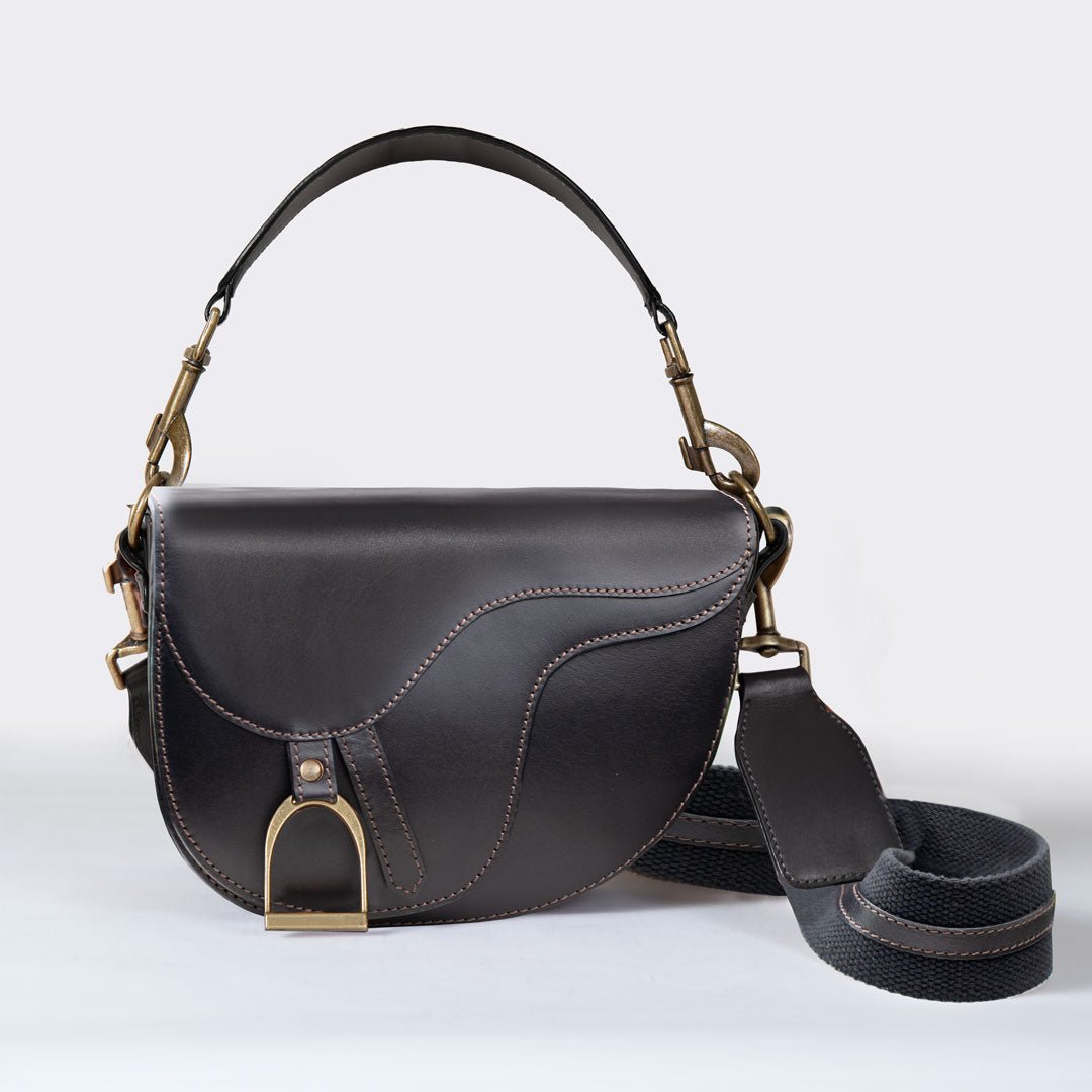 Signature Saddle Bag Black Italian Leather Brass Crossbody Bag