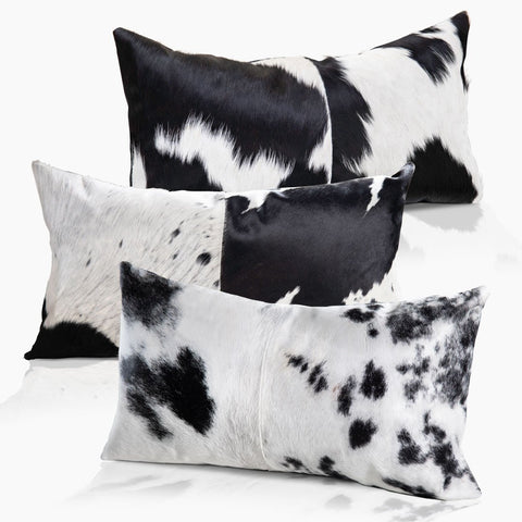 Domino Black & White Real Cowhide Lumbar Pillow w/ Feather Down Insert - Bold - www.urban-equestrian.com
