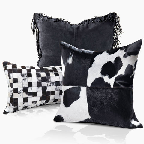 Domino Black & White Real Cowhide Lumbar Pillow w/ Feather Down Insert - Combo - www.urban-equestrian.com